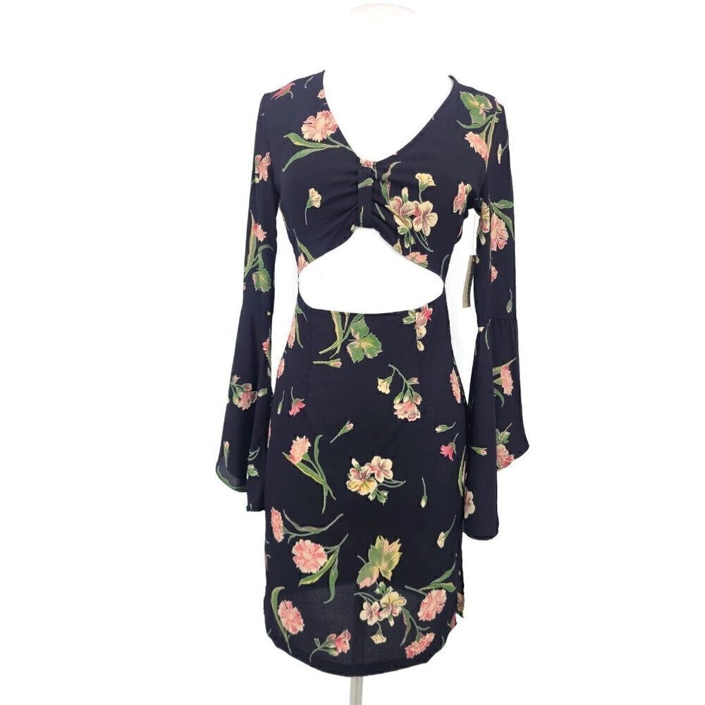 New Flynn Skye Moscow Mini Dress Womems Xs Black Pink Floral Bell Sleeves